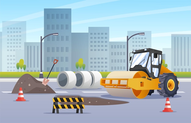 Vector compactador apisonador de construcción de carreteras de asfaltado en la ilustración de la ciudad urbana