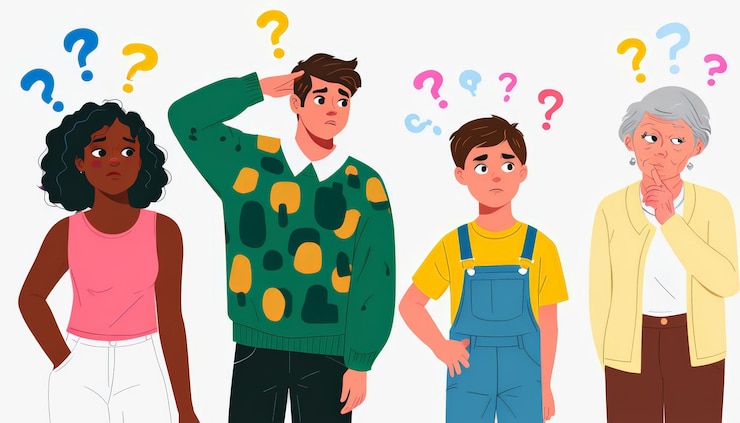 Vector un compañerismo atencioso entre generaciones una paleta de colores y signos de interrogación en contemporáneo