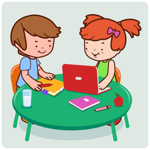 Los compañeros de clase en un escritorio de la escuela hacen sus tareas usando una ilustración vectorial de computadora