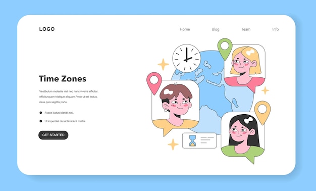 Vector los compañeros de equipo globales interactúan a través de zonas horarias resaltadas por alfileres de mapa y relojes que se muestran en todo el mundo