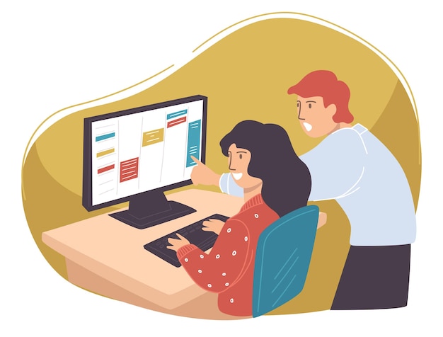 Compañeros que trabajan juntos en un proyecto empresarial, hombre y mujer en la oficina. Personas que usan una computadora portátil para administrar el tiempo o dar tareas. Empleado y jefe que se ocupa de cuestiones laborales. Vector en estilo plano