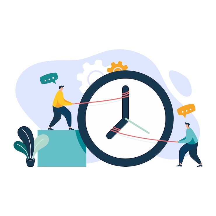 Vector compañeros de trabajo ajustando las manecillas del reloj