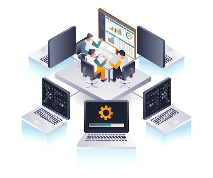 Vector los compañeros de trabajo analizan la tecnología de datos informáticos