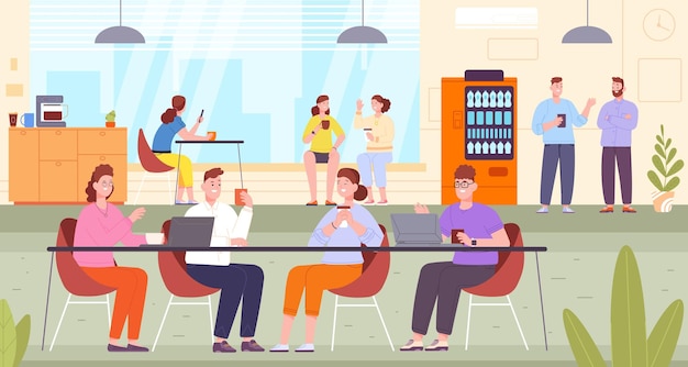 Compañeros de trabajo pausa para el café Reuniendo empleados en la oficina personal de cocina espacio de salón de negocios agencia digital interior conversación de almuerzo en la máquina de bebidas ilustración vectorial de coworking de pausa para el café