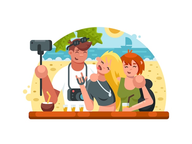 Vector compañía de amigos haciendo selfies en una playa tropical. ilustración vectorial