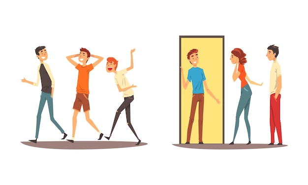 Compañía de amigos pasando tiempo juntos caminando y hablando Conjunto vectorial