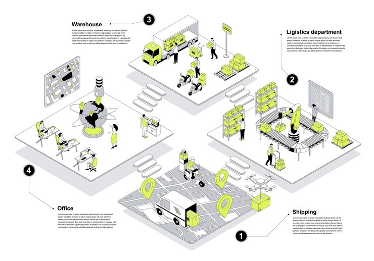 Vector compañía de entrega concepto isométrico 3d en el diseño de esquemas para la web personas que trabajan en salas de isometría en los departamentos de envío y logística de la oficina cargando paquetes en el almacén ilustración vectorial