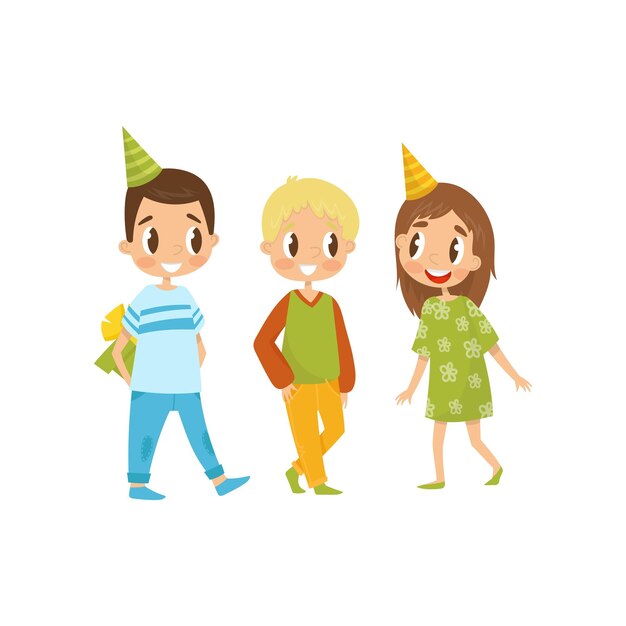 Compañía de niños en vector de dibujos animados de fiesta de cumpleaños ilustración sobre un fondo blanco