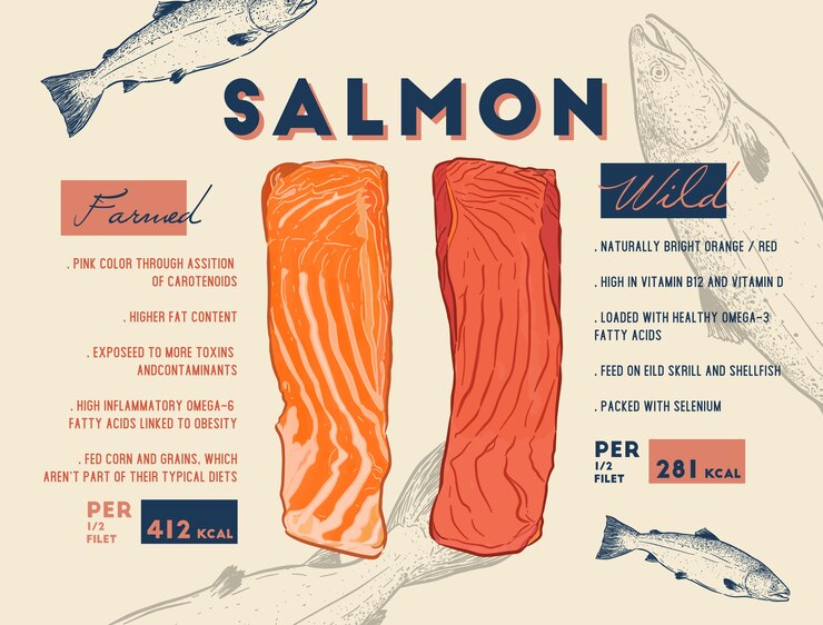 Vector comparación entre filete de salmón salvaje y de piscifactoría.
