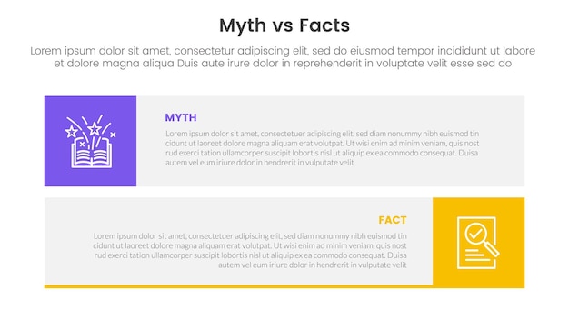 comparación de hechos contra mitos o contra concepto para plantilla infográfica pancarta con caja rectangular larga pila horizontal con vector de información de lista de dos puntos