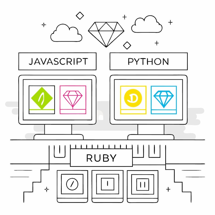 Vector comparación de los lenguajes de programación javascript python y ruby características y diferencias illustrat