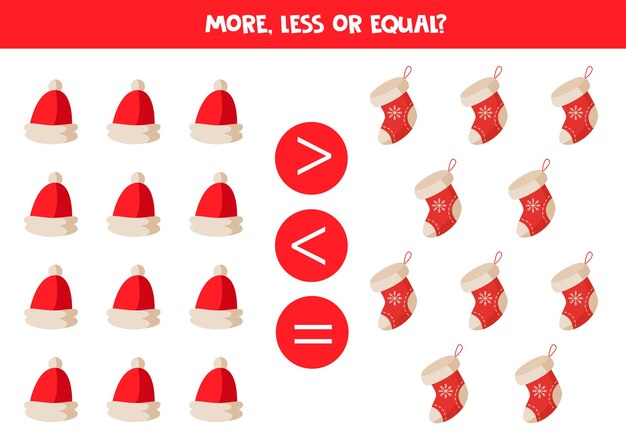 Comparación de objetos para niños Más menos con gorros y calcetines navideños de dibujos animados