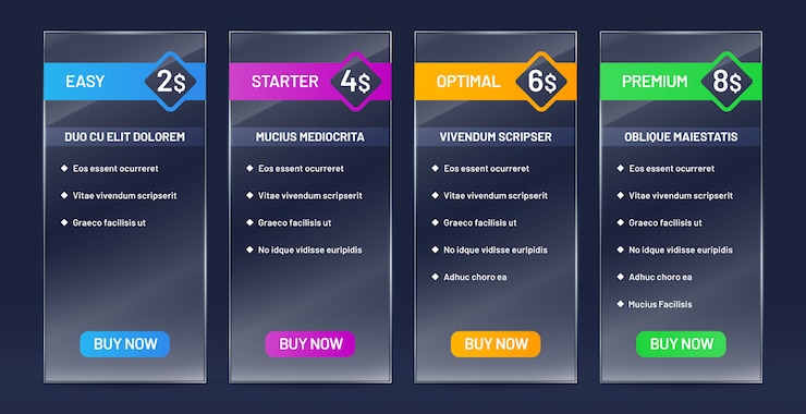 Vector comparación de planes tarifarios vidriosos. lista de precios de tarifas, comprar pancartas y gráfico de precios del sitio web conjunto de vidrio transparente