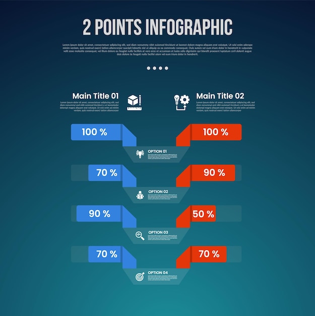 Comparación de plantillas de 2 o 2 puntos con cosas en infografía con porcentaje de barra con lista vertical con estilo oscuro moderno para presentación de diapositivas