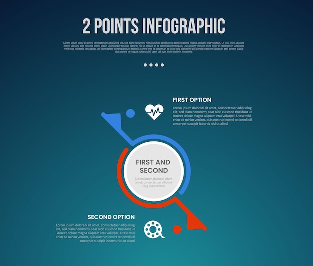 Comparación de plantillas de 2 o 2 puntos versus cosas en infografía con gran círculo en el centro y divisor de línea de barra con estilo oscuro moderno para la presentación de diapositivas