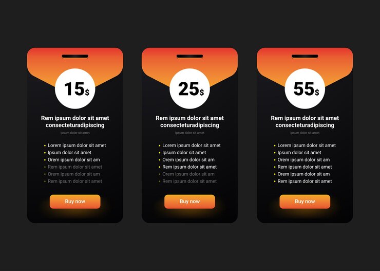Vector comparación de precios de mesa con degradado naranja. tabla de precios o lista de precios para sitios web y aplicaciones. vector