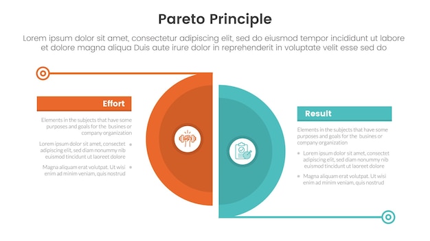 Comparación del principio de Pareto o concepto versus para plantilla de infografía pancarta con gran rebanada medio círculo con separación de líneas con información de lista de dos puntos