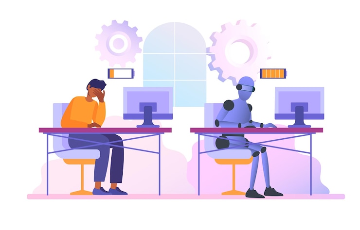 Vector comparaciones de robot y humano concepto empleado masculino cansado de las tareas y cyborg con carga completa de