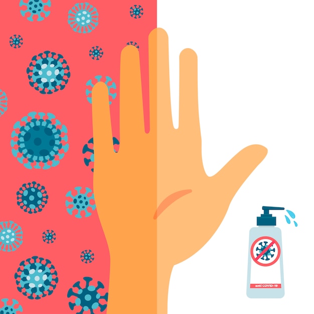 Vector compare las manos que lavan y no lavan. la mitad de la palma está sucia, sin lavar con coronavirus, la segunda mitad de la mano está limpia después de lavar con gel desinfectante. ilustración plana