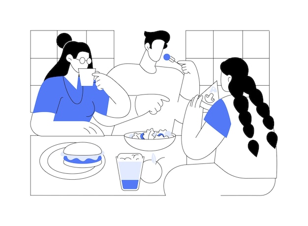 Compartiendo el almuerzo aislados ilustraciones vectoriales de dibujos animados grupo de adolescentes felices almorzando juntos en