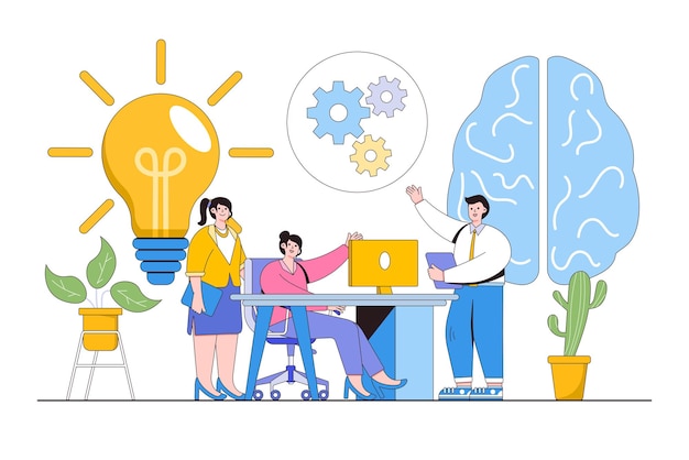Compartir y buscar el concepto de ideas de negocios Lluvia de ideas de colaboración y reunión de personas creativas creativas con ideas de bombillas Estilo de diseño de esquema ilustración vectorial mínima para la página de inicio