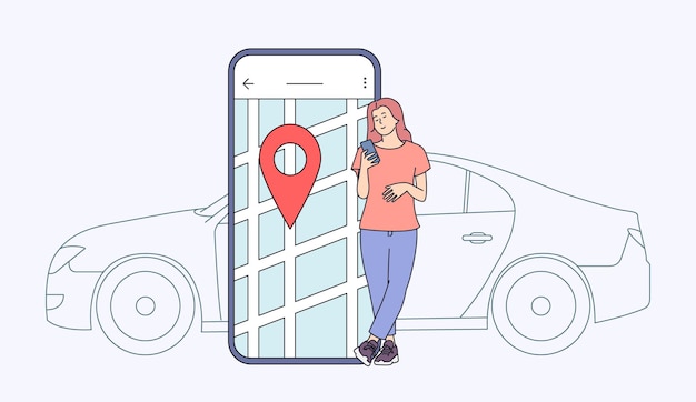 Compartir coche y concepto de aplicación en línea. mujer joven junto a la pantalla del teléfono inteligente con ruta y punto de ubicación en un mapa de la ciudad con coche