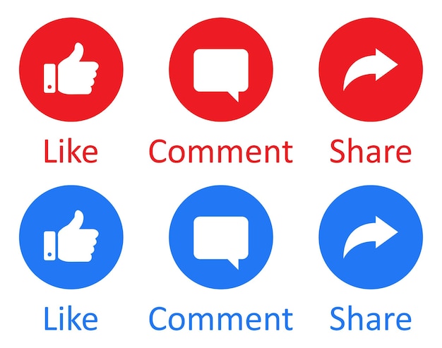 Compartir y comentar iconos botones establecidos con azul y rojo color ilustración vectorial