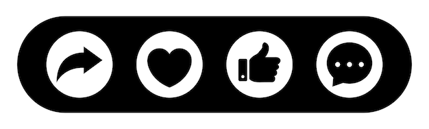 Compartir comentarios y botones de icono de corazón de amor Conjunto de íconos vectoriales de redes sociales Ilustración vectorial