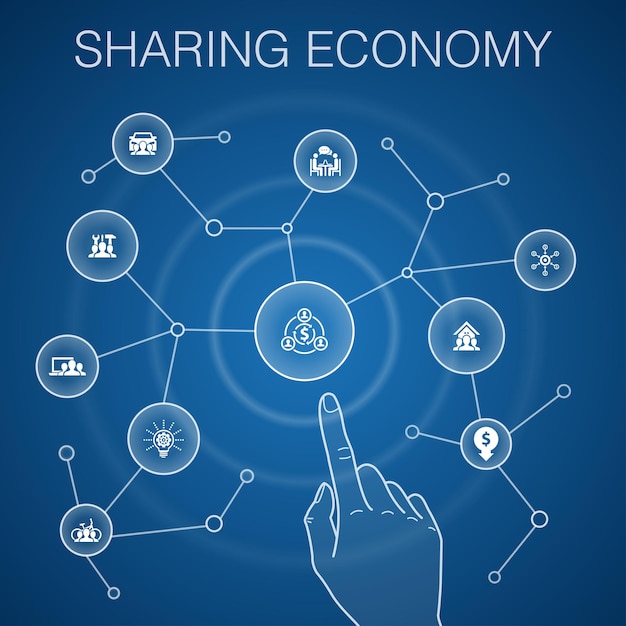 Compartir el concepto de economía, fondo azul. Trabajo, coche compartido, Crowdfunding, iconos de innovación