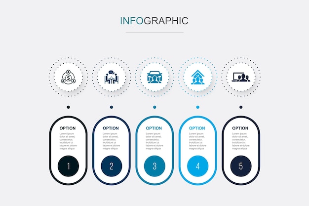 Compartir economía coworking coche compartido propiedad compartir dispositivo compartir iconos plantilla de diseño infográfico concepto creativo con 5 pasos