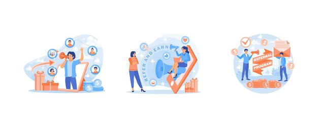 Compartir negocios con amigos La gente usa las redes sociales Estrategia de marketing de referencia Concepto del programa de referencia Establezca una ilustración vectorial plana