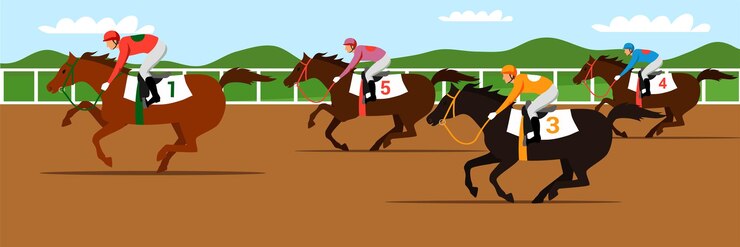 Vector competencia de carreras de caballos jinetes jinetes profesionales en caballos de carreras de pura sangre espaldas deporte ecuestre derby