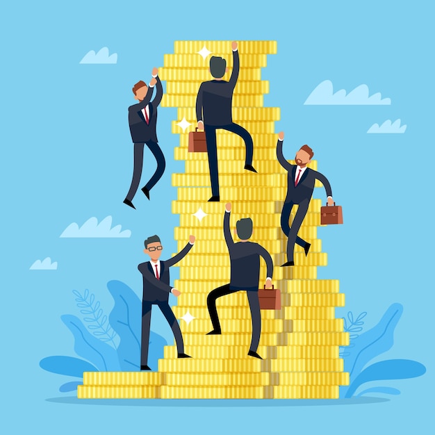 Competencia para llegar a la cima Hombres de negocios escalando en la pila de monedas de oro Crecimiento profesional exitoso Lograr el éxito de los objetivos en la ambición de la gente de carrera Concepto plano de dibujos animados vectoriales
