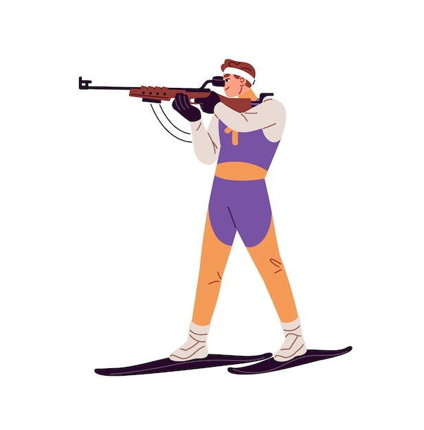 Competición de biatlón Deportista profesional en esquí apuntando y disparando con rifle Esquiador atleta está en el campeonato de deportes de invierno carrera de nieve Ilustración de vector aislado plano en fondo blanco