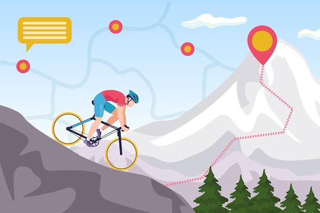 Competición de bicicleta de montaña ciclismo deporte extremo paseo ilustración vectorial ciclismo cuesta abajo hombre ciclista