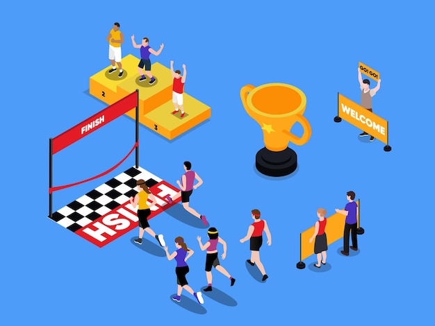 competición de maratón personas con copa de premio y ganador