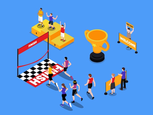 Competición de maratón personas con copa de premio y ganador