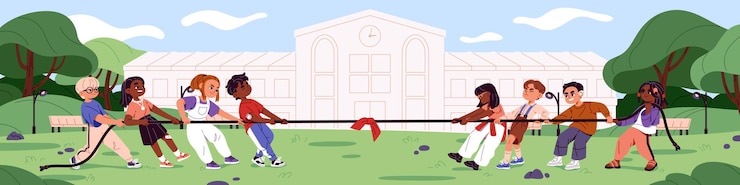Vector competición de remolque de guerra dos equipos rivales de niños opuestos tiran de la cuerda diversos niños en grupos compiten batalla juegan juegos al aire libre pequeños niños y niñas esfuerzo en la lucha deportiva ilustración de vector plano