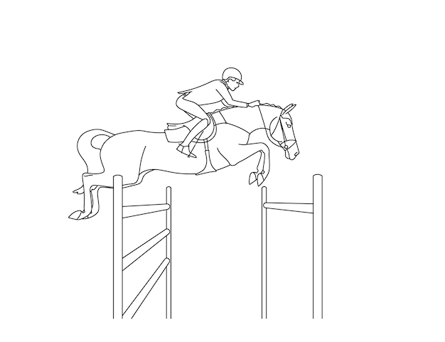 Competiciones ecuestres El jinete y el caballo están en la etapa de volar sobre un obstáculo