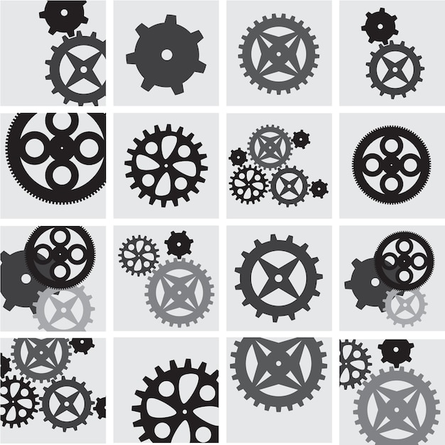Compilación de conjuntos de engranajes en colores dorados y plateados Concepto de trabajo en equipo Mecanismo de elementos de rueda dentada Motor o piezas de círculo de reloj con dientes Proceso de trabajo en equipo con concepto de ruedas dentadas de engranajes