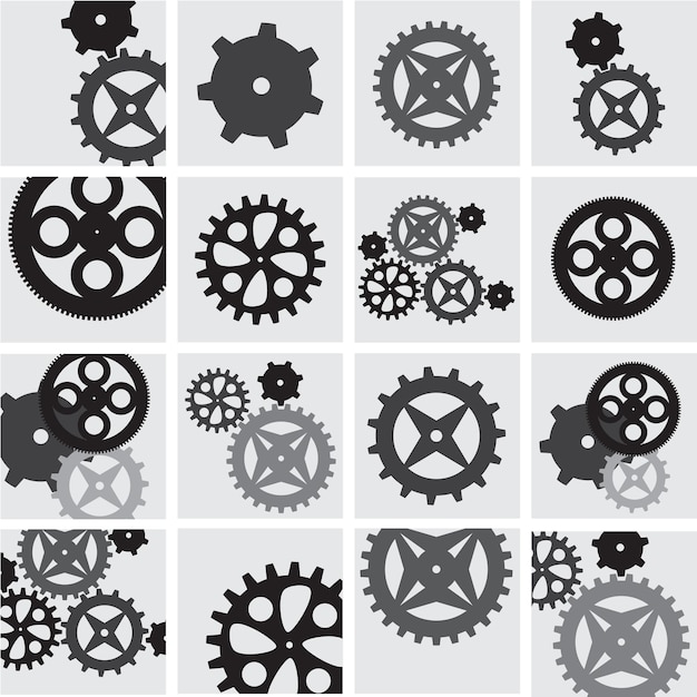 Compilación de conjuntos de engranajes en colores dorados y plateados concepto de trabajo en equipo mecanismo de elementos de rueda dentada motor o piezas de círculo de reloj con dientes proceso de trabajo en equipo con concepto de ruedas dentadas de engranajes