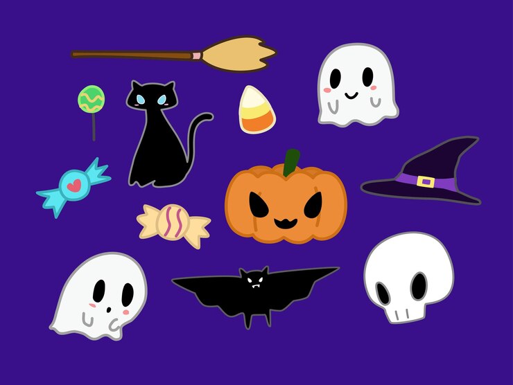 Compilación de linda ilustración de Halloween dibujada a mano para decoración y pegatina