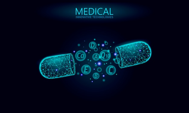 Complejo multivitamínico de baja cápsula de polietileno. Suplemento de salud cuidado de la piel culturismo plantilla de banner de farmacia antienvejecimiento. 3D coenzima Q10, A, B, C, D. Ilustración de la ciencia de la medicina