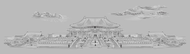 Complejo del palacio en la Ciudad Prohibida en Beijing, símbolo de China Dibujado a mano ilustración vectorial