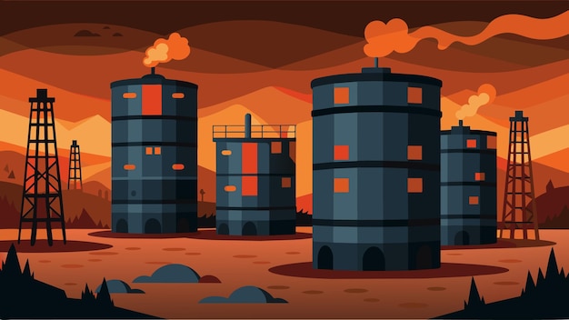 Un complejo de silos de acero oxidado cada uno lleno de barriles de combustible fósil y emitiendo un leve olor