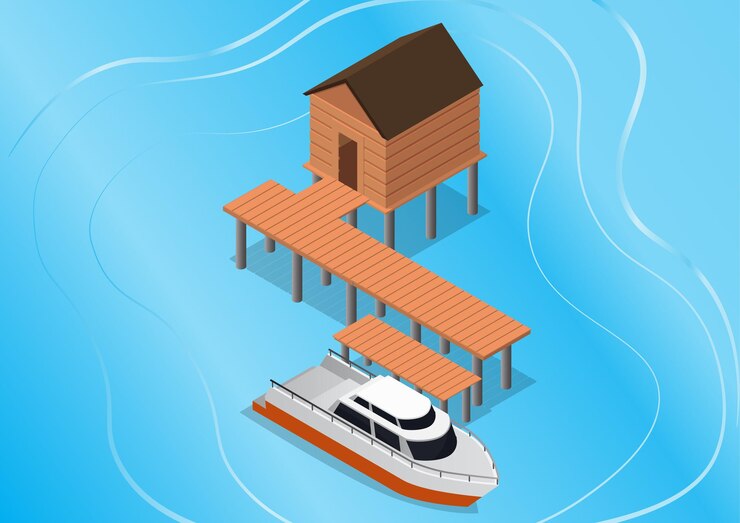 Vector complejo tropical isométrico con yate en el mar