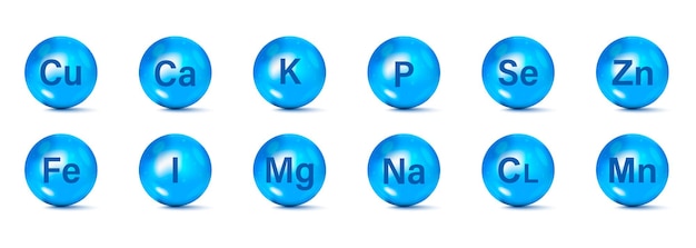Complejo de vitaminas y minerales Conjunto de íconos de suplementos minerales esenciales Complejo mineral y vitamínico Calcio Zinc Magnesio Manganeso Hierro Molibdenito Yodo Cobalto Cromo Cobre Potasio Silicio