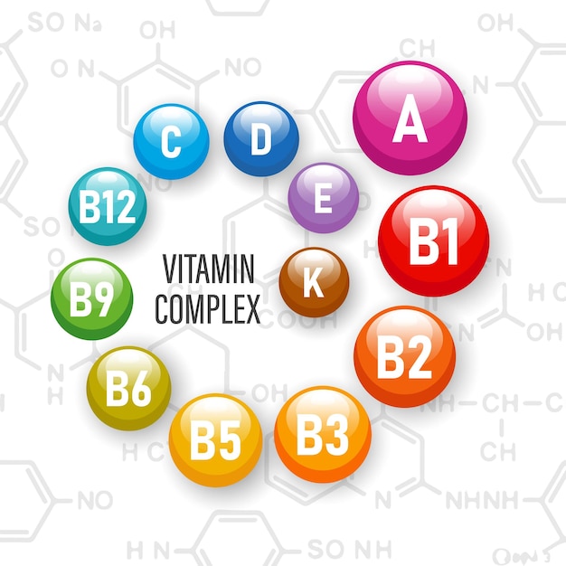 Complejo vitamínico de nutrición saludable. Ilustración de iconos de vitaminas en el fondo químico