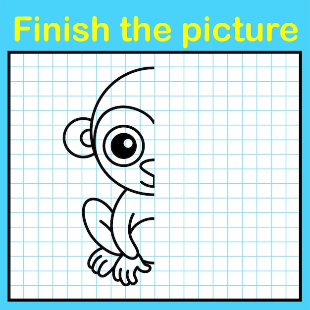 Complementa el mono con una imagen simétrica y píntalo. Un juego de dibujo simple para la educación de los niños.