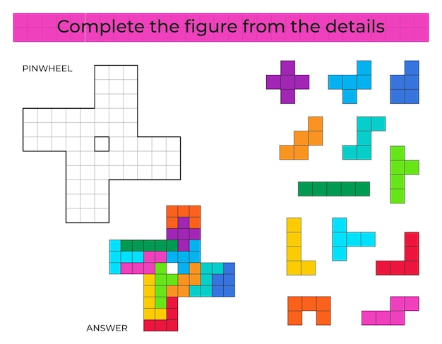 Completa la figura. Juego de rompecabezas con molinete. Juego educativo para niños.